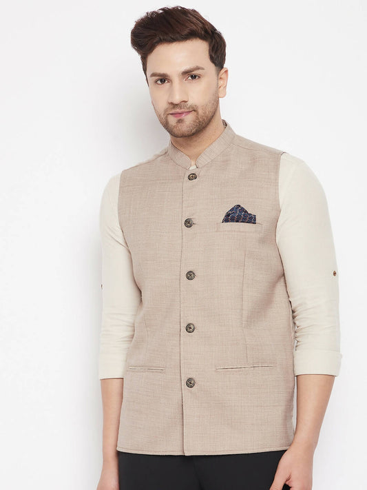 Even Apparels Cream Linen Men's Nehru Jacket-Contrast Lining-Inbuilt Pocket Square | Swadesiicart