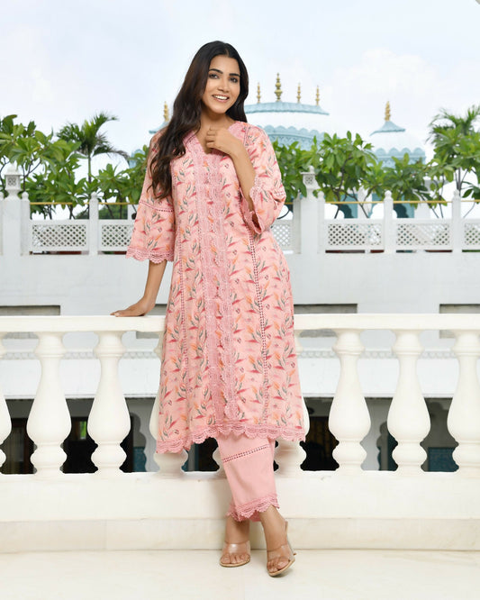 Vaasva Women's Peach Cotton Printed Kurta Pant Set | Swadesiicart