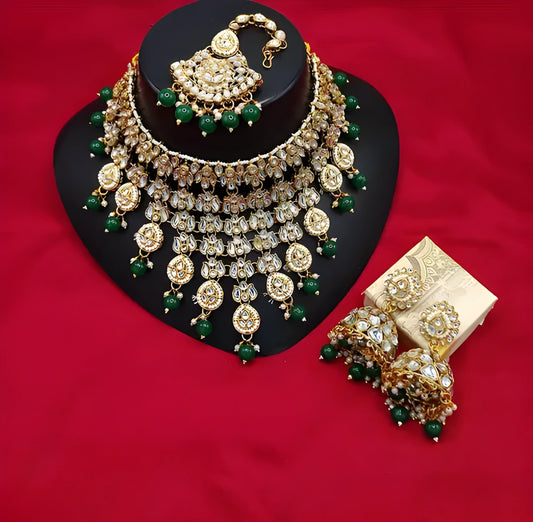 Jewel City Kundan Choker Necklace Set with Maang Tikka & Jhumka Earrings - Traditional Indian Bridal Jewelry Collection Gold-Plated | Swadesiicart