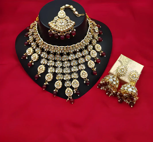 Jewel City Kundan Choker Necklace Set with Maang Tikka & Jhumka Earrings - Traditional Indian Bridal Jewelry Collection Gold-Plated | Swadesiicart