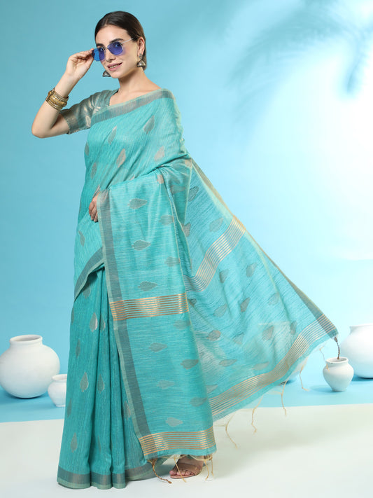 Vishnu Weaves Women's Aqua Handloom Silk Zari Woven Saree with Blouse - Swadesiicart