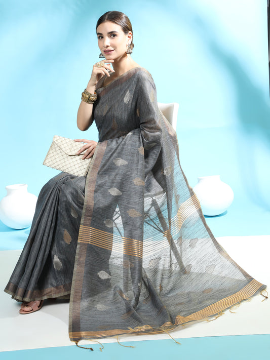 Vishnu Weaves Women's Dark Grey Handloom Silk Zari Woven Saree with Blouse - Swadesiicart