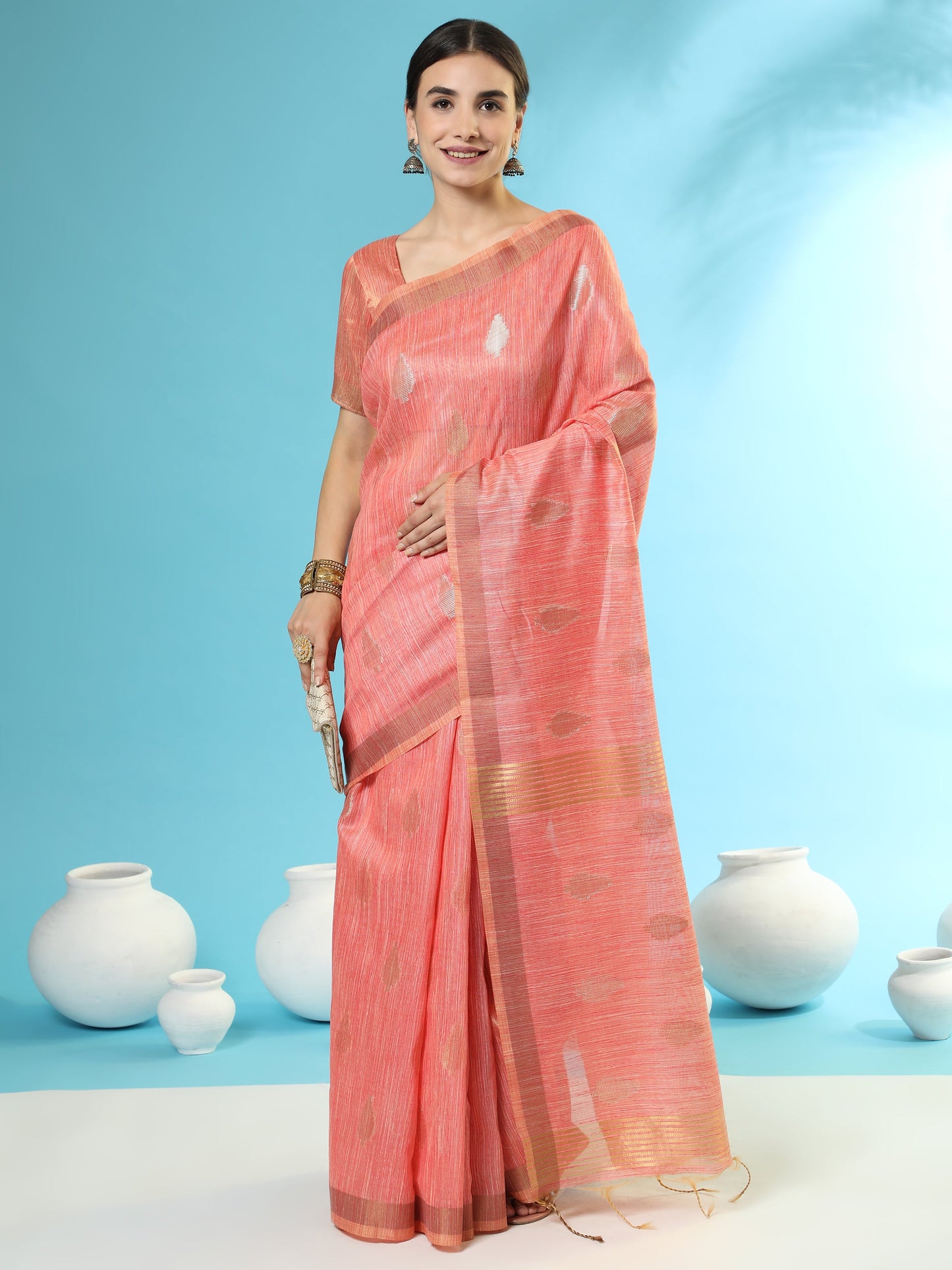 Vishnu Weaves Women's Orange Handloom Silk Zari Woven Saree with Blouse - Swadesiicart