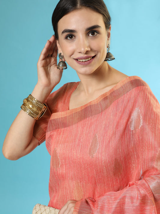 Vishnu Weaves Women's Orange Handloom Silk Zari Woven Saree with Blouse - Swadesiicart