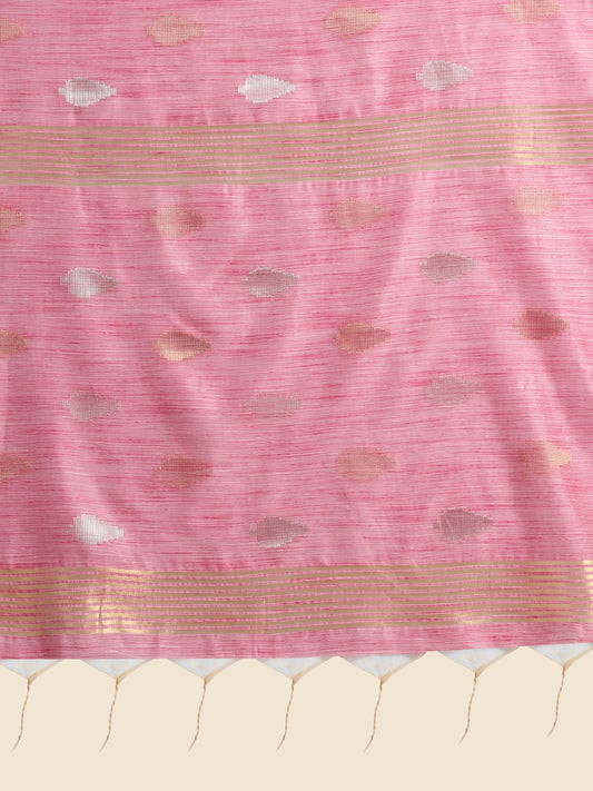Vishnu Weaves Women's Pink Handloom Silk Zari Woven Saree with Blouse - Swadesiicart