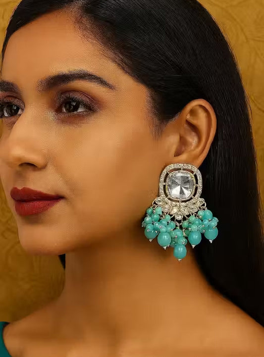 Jewel City Traditional Gold-Plated Kundan Earrings with Blue Beads – Handcrafted Ethnic Dangler Jewelry – Wedding & Party Wear | Swadesiicart