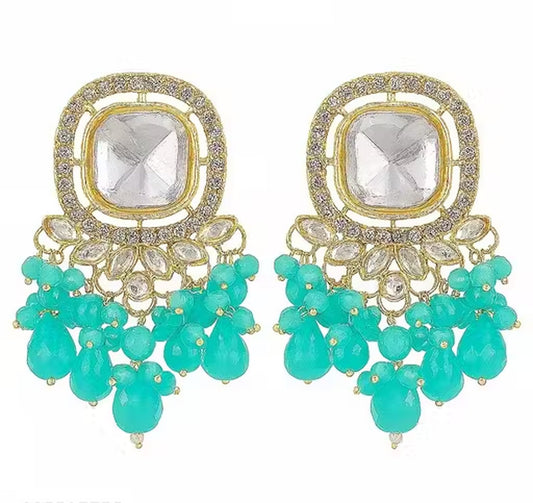 Jewel City Traditional Gold-Plated Kundan Earrings with Blue Beads – Handcrafted Ethnic Dangler Jewelry – Wedding & Party Wear | Swadesiicart