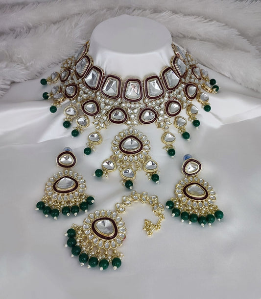 Jewel City Crystal Glass Kundan Choker Set with Maang Tikka - Royal Wedding Collection (Premium Pearl Drops) | Swadesiicart