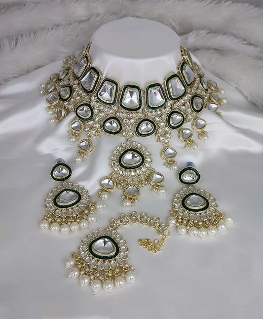 Jewel City Crystal Glass Kundan Choker Set with Maang Tikka - Royal Wedding Collection (Premium Pearl Drops) | Swadesiicart