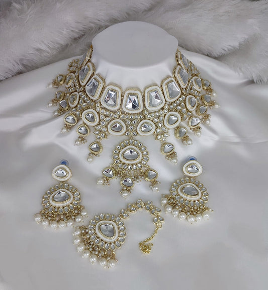 Jewel City Crystal Glass Kundan Choker Set with Maang Tikka - Royal Wedding Collection (Premium Pearl Drops) | Swadesiicart