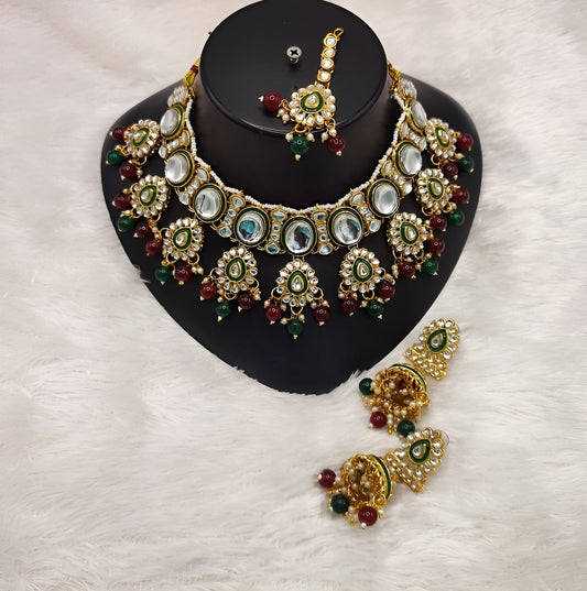 Jewel City Kundan Pearl Necklace Set with Maang Tikka - Designer Meenakari Wedding Jewelry Collection | Swadesiicart