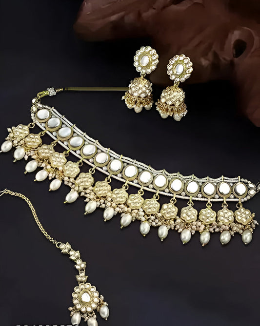 Jewel City Elegant Pearl Choker Necklace Set with Maang Tikka and Jhumka Earrings - Traditional Indian Bridal Jewelry Collection | Swadesiicart