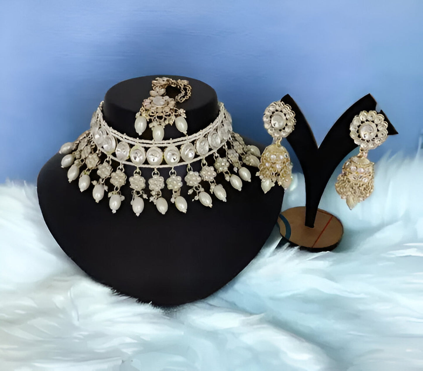Jewel City Elegant Pearl Choker Necklace Set with Maang Tikka and Jhumka Earrings - Traditional Indian Bridal Jewelry Collection | Swadesiicart