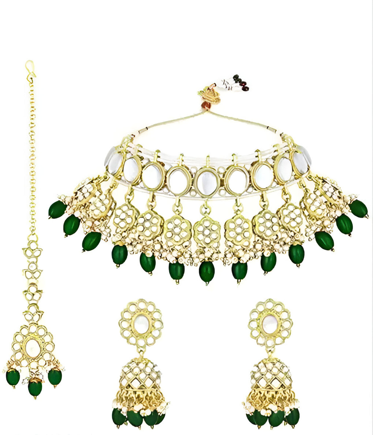 Jewel City Elegant Pearl Choker Necklace Set with Maang Tikka and Jhumka Earrings - Traditional Indian Bridal Jewelry Collection | Swadesiicart