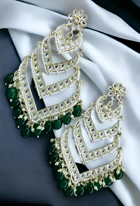 Jewel City Elegant Layered Kundan Pearl Earrings - Handcrafted Multi-Tier Chandbali Jhumkas - Bridal Wedding Statement Jewelry | Swadesiicart