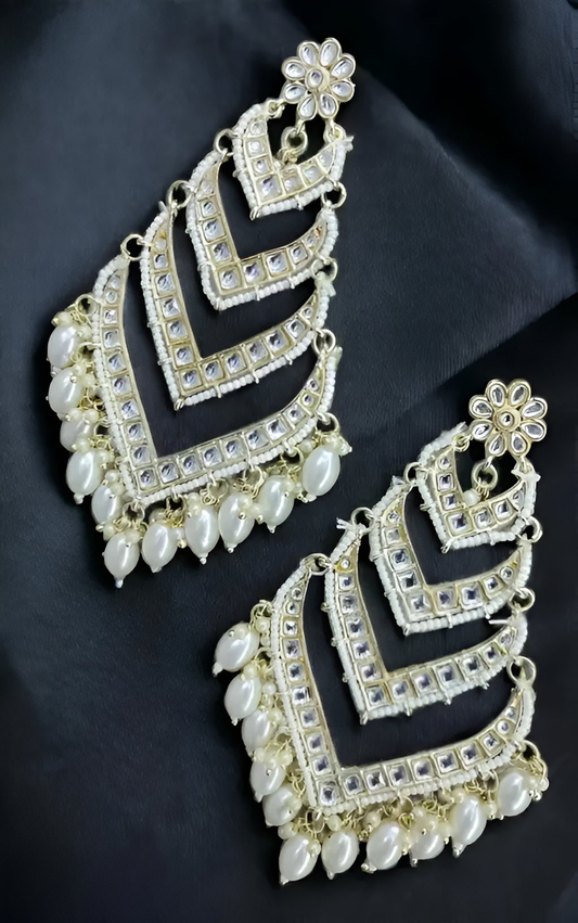 Jewel City Elegant Layered Kundan Pearl Earrings - Handcrafted Multi-Tier Chandbali Jhumkas - Bridal Wedding Statement Jewelry | Swadesiicart