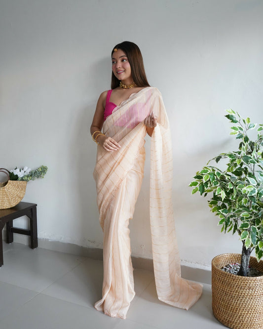 Vamsee Lining Organza Peach Chiffon Saree - Swadesiicart