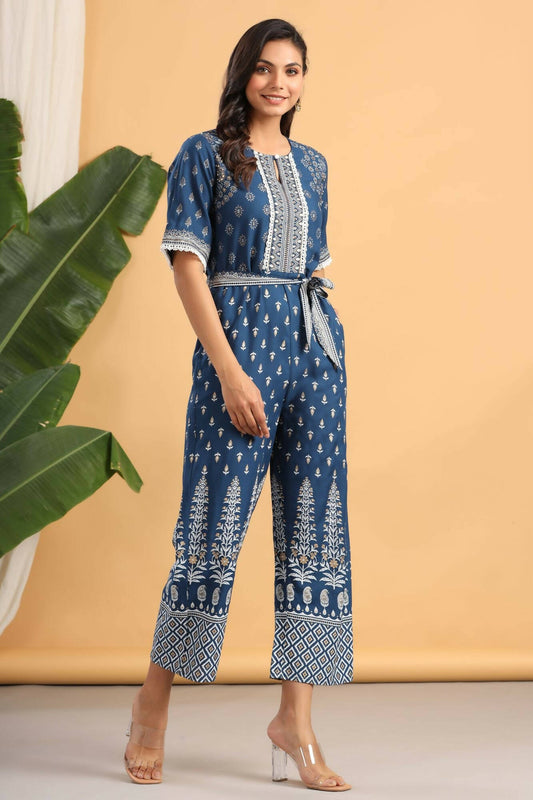Juniper Women Indigo Rayon Printed Straight Jumpsuit - Swadesiicart