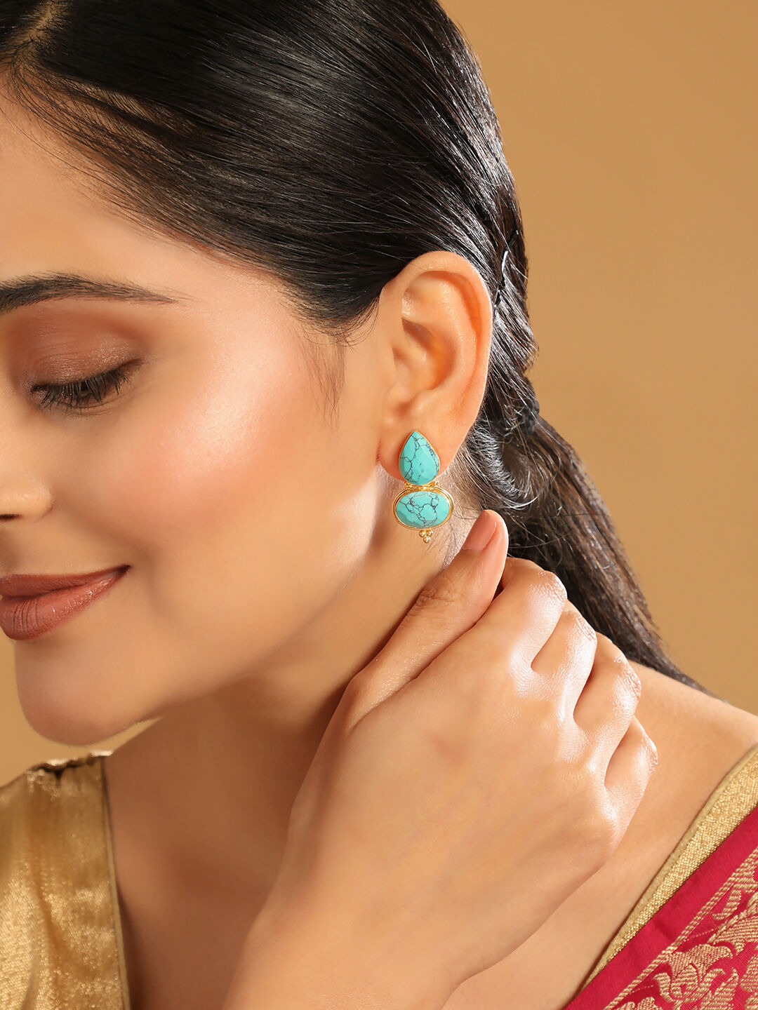 Nuyug 22K Gold Plated Turquoise Embrace Earrings | Swadesiicart