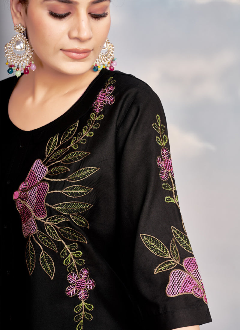 Prazu Fashion Black Rayon Multi Embroidery Thread Work Co-Ords Set - Swadesiicart