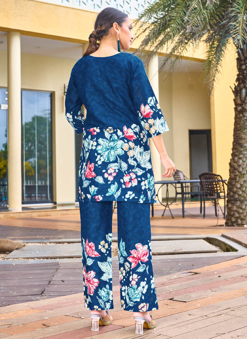 Prazu Fashion Blue Pure Cotton Stylish Prints Co-Ords Set - Swadesiicart