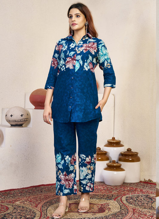 Prazu Fashion Blue Pure Cotton Stylish Prints Co-Ords Set - Swadesiicart