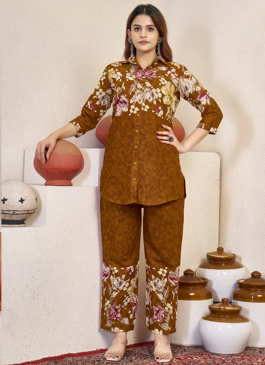 Prazu Fashion Mustard Pure Cotton Stylish Prints Co-Ords Set - Swadesiicart