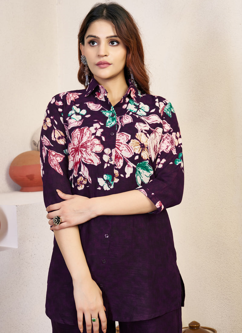 Prazu Fashion Violet Pure Cotton Stylish Prints Co-Ords Set - Swadesiicart