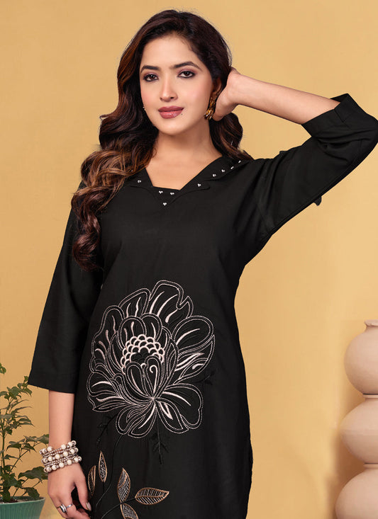 Prazu Fashion Black Viscose Rayon Embroidery Thread Work Co-Ords Set - Swadesiicart