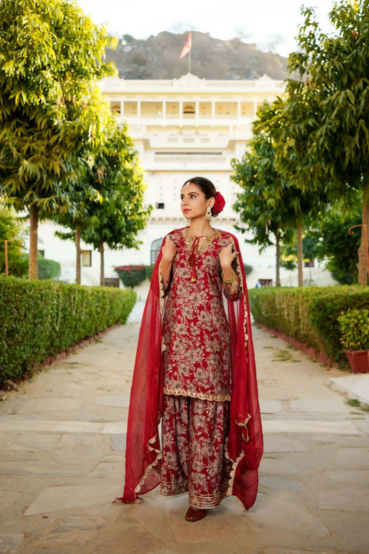 Vaasva Women Maroon Muslin Floral & Embroidered Cut Work Kurta ,Sharara & Dupatta set | Swadesiicart