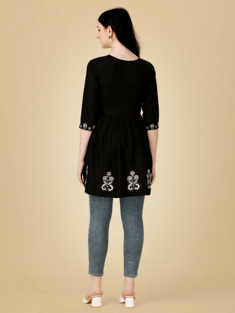 Jyoti Fashion Women's Black Viscose Rayon Embroidered Casual Top | Swadesiicart
