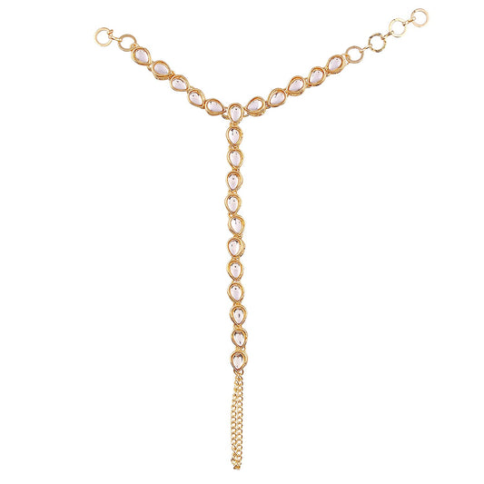 Traditional Gold-Polished Kundan Hath Punja Adjustable Chain Bracelet with Ring for Women - Wahe Jewels - Swadesiicart