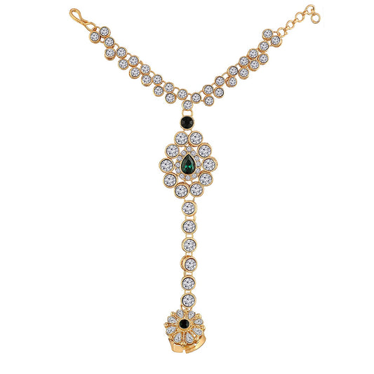 Traditional Gold-Polished CZ Haath Phool/Panja/Adjustable Bracelet with Ring for Women - Wahe Jewels - Swadesiicart