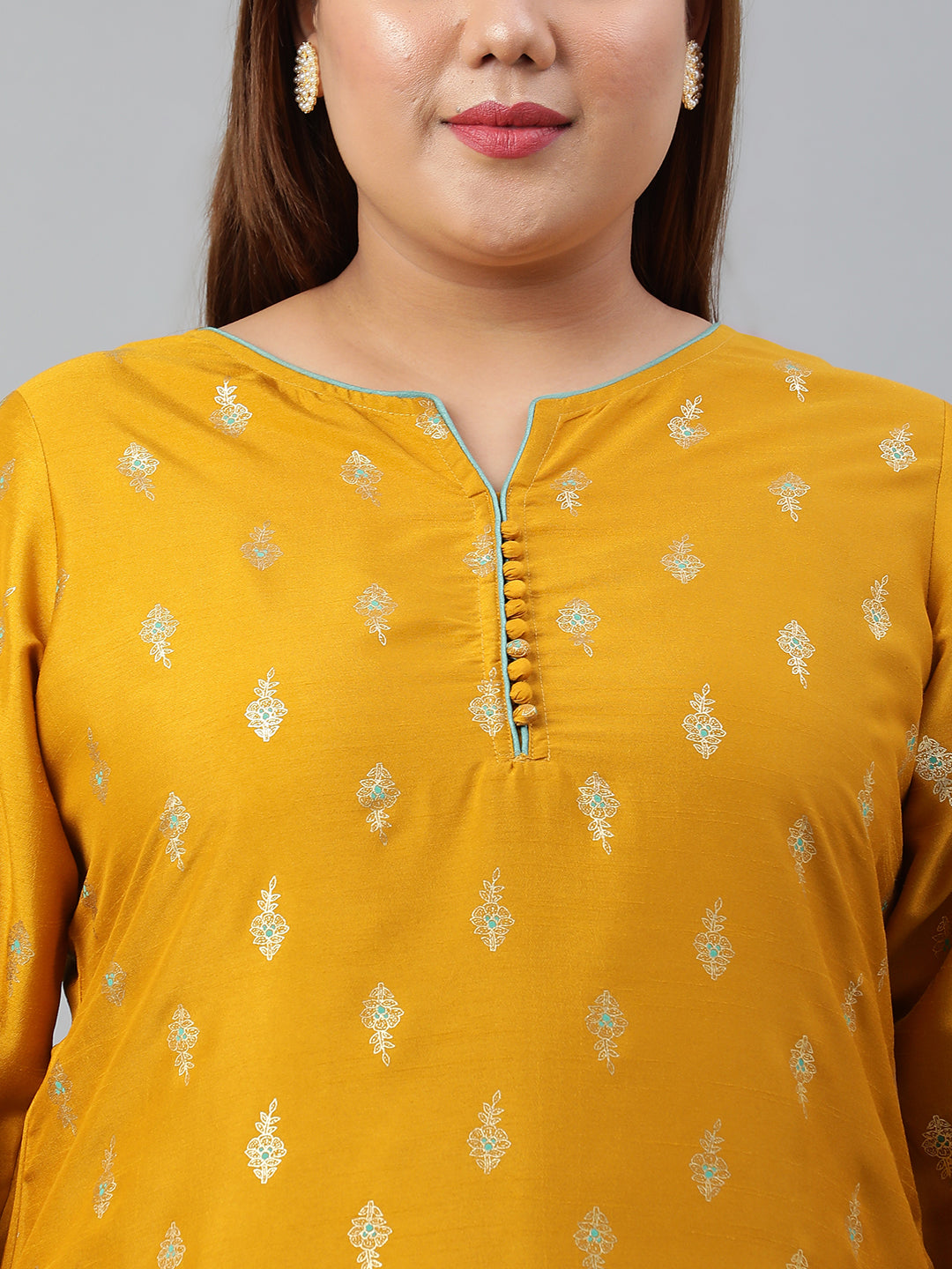 Janasya Women's Mustard Poly Silk Foil Print A-line Dress | Swadesiicart