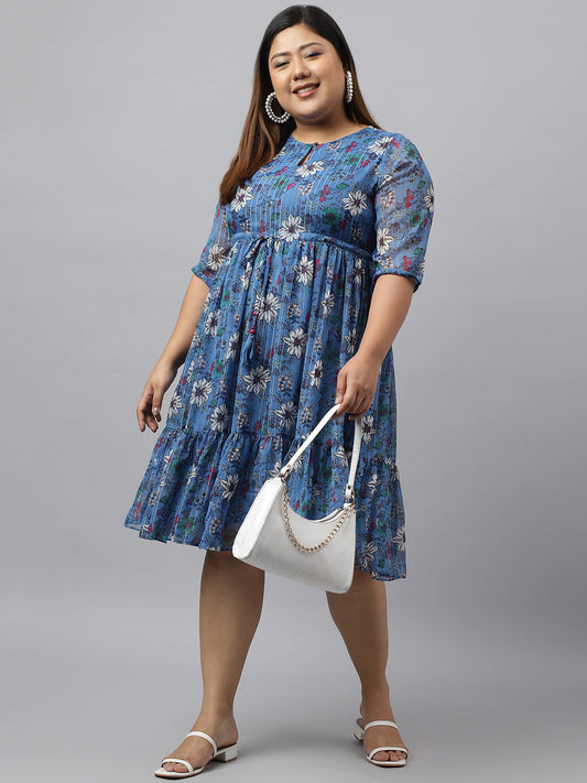 Janasya Women's Blue Poly Georgette Floral Printed Casual Flared Western Dress | Swadesiicart