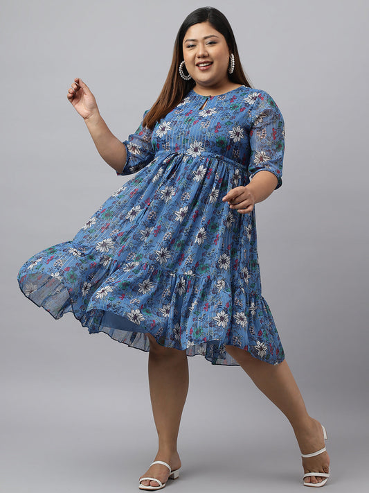 Janasya Women's Blue Poly Georgette Floral Printed Casual Flared Western Dress | Swadesiicart