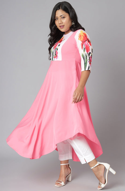 Janasya Women's Pink Poly Crepe Floral Print Casual Flared Kurta - Swadesiicart