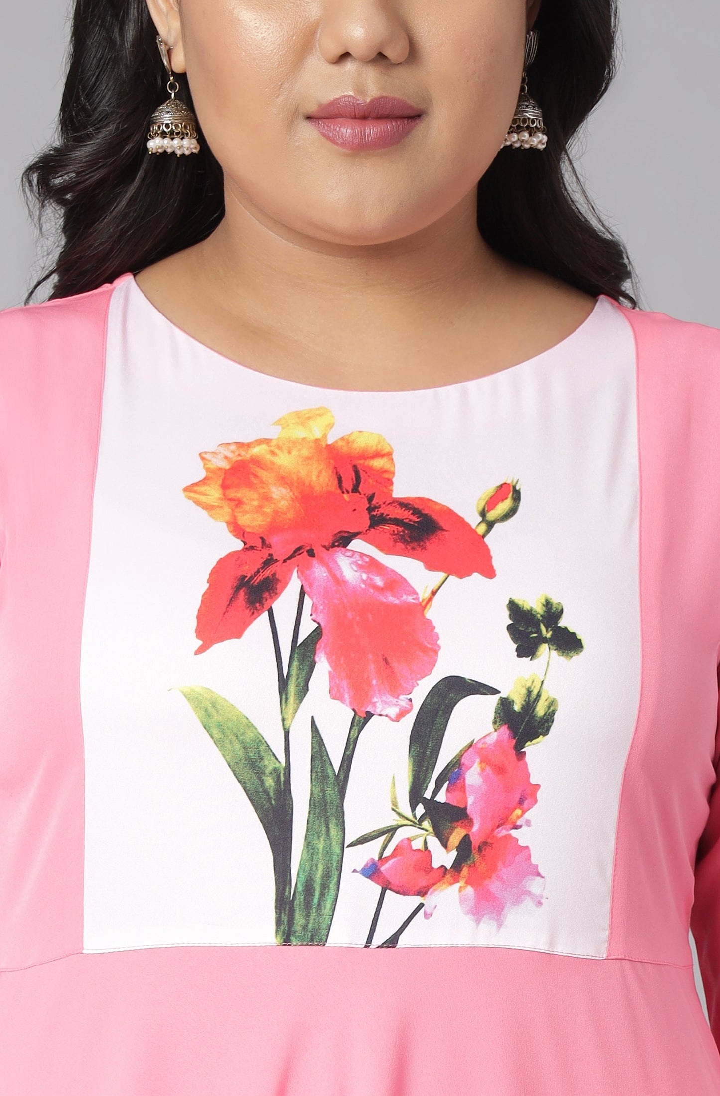 Janasya Women's Pink Poly Crepe Floral Print Casual Flared Kurta - Swadesiicart