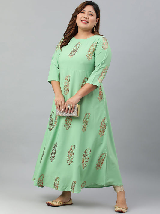 Janasya Women's Light Green Poly Crepe Foil Print Casual A-line kurta | Swadesiicart
