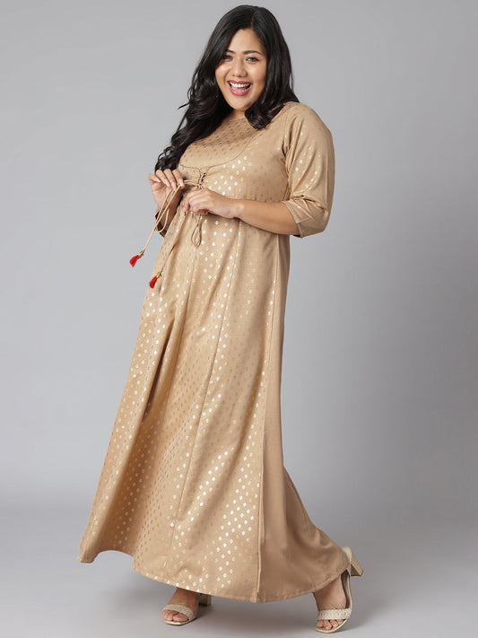 Janasya Women's Beige Poly Silk Foil Print Festive & Party Anarkali Kurta | Swadesiicart