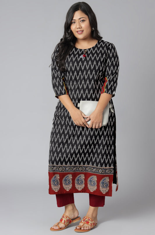 Janasya Women's Black Cotton Flex Ikat Casual Straight Kurta | Swadesiicart