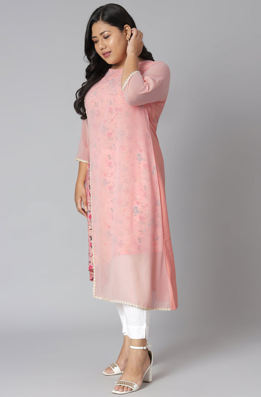 Janasya Women's Pink Poly Crepe Floral Print Casual High Low Kurta | Swadesiicart