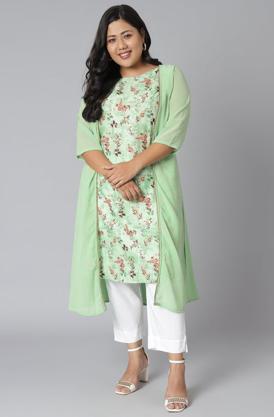 Janasya Women's Green Poly Crepe Floral Print Casual A-line Kurta | Swadesiicart