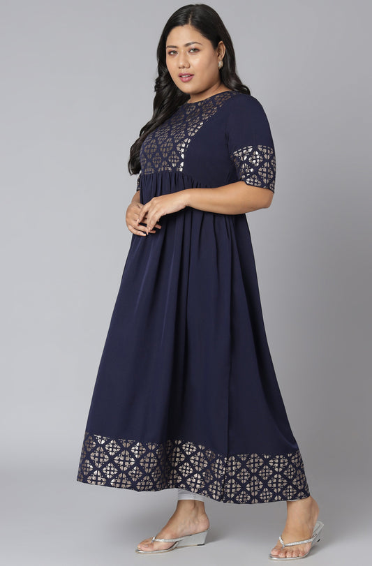 Janasya Women's Dark Blue Poly Crepe Foil Print Casual Flared Kurta | Swadesiicart