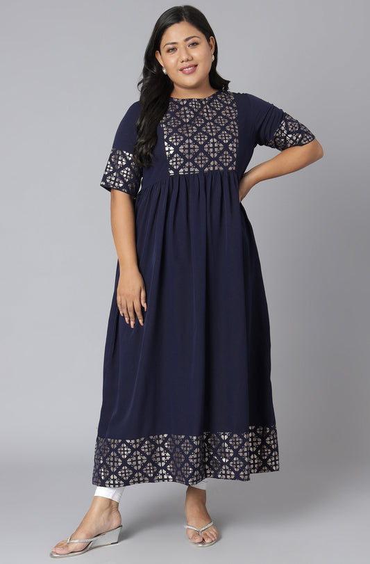 Janasya Women's Dark Blue Poly Crepe Foil Print Casual Flared Kurta | Swadesiicart