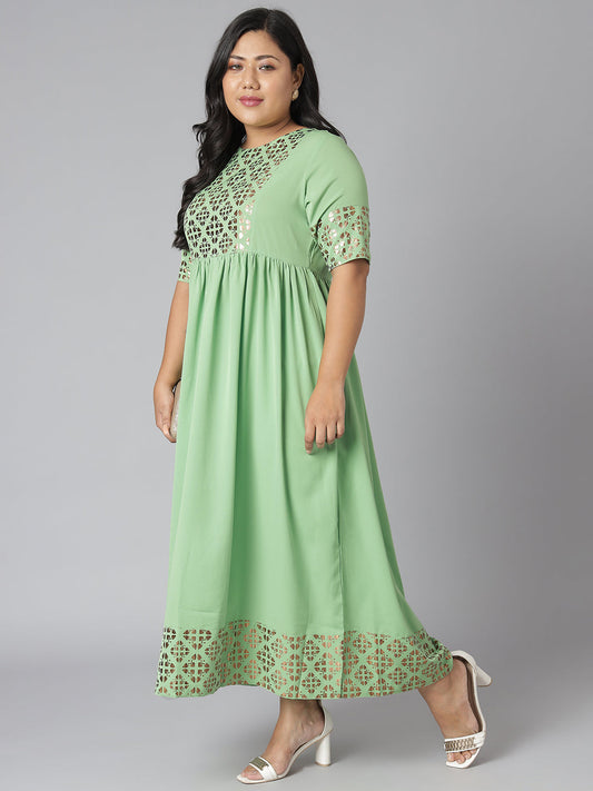 Janasya Women's Green Poly Crepe Foil Print Casual Flared Kurta | Swadesiicart