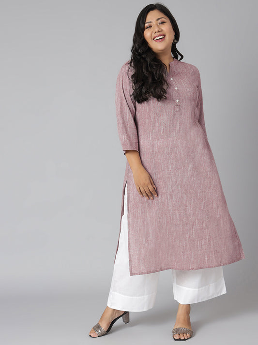 Janasya Women's Mauve Cotton Slub Solid Casual Straight Kurta | Swadesiicart