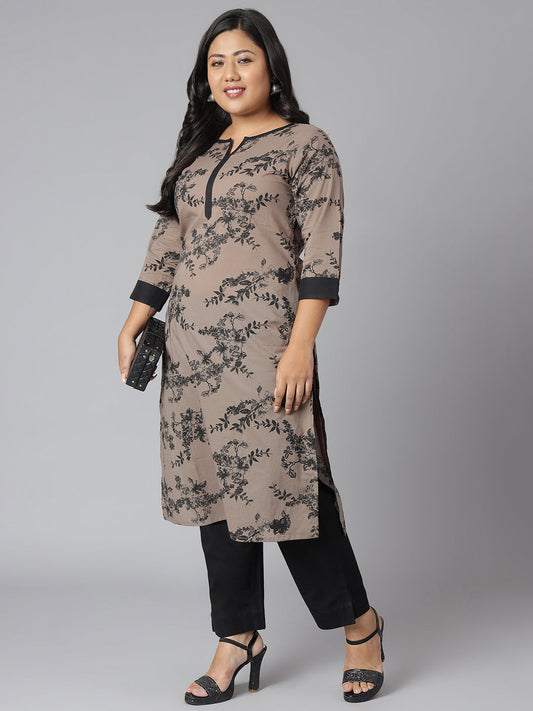 Janasya Women's Grey Cotton Floral Print Casual Straight Kurta | Swadesiicart