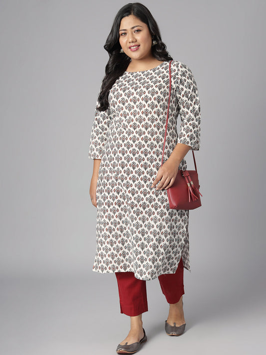 Janasya Women's White Cotton Floral Print Casual Straight Kurta | Swadesiicart