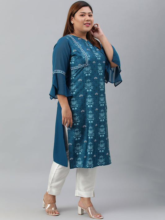Janasya Women's Teal Poly Crepe Digital Print Casual Straight kurta | Swadesiicart